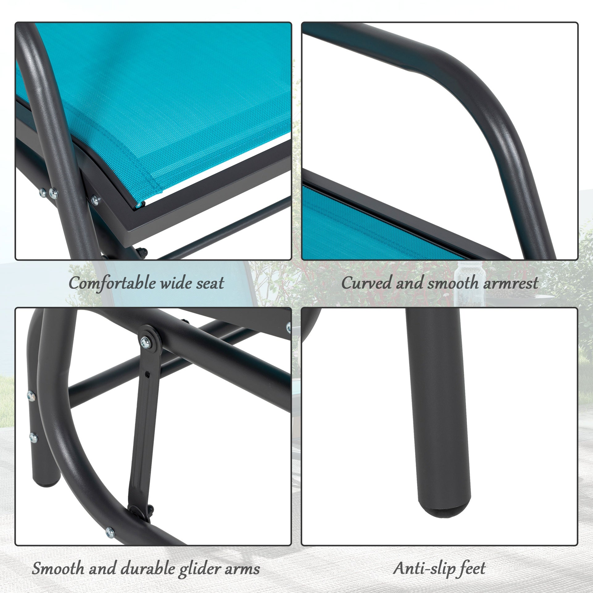 Outsunny Porch Glider Set of 2, Metal Frame Swing Glider Chairs with Breathable Mesh Fabric, Curved Armrests and Steel Frame for Garden, Poolside, Backyard, Balcony, Blue