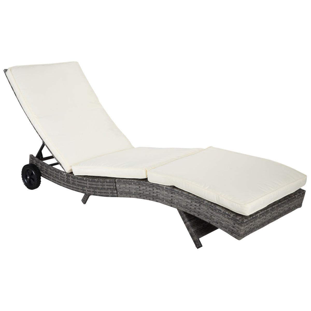 Outsunny Wicker Chaise Lounge Pool Chair, Outdoor PE Rattan Cushioned Patio Sun Lounger w/ 5-Level Adjustable Backrest & Wheels for Easy Movement, Cream White