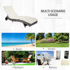 Outsunny Wicker Chaise Lounge Pool Chair, Outdoor PE Rattan Cushioned Patio Sun Lounger w/ 5-Level Adjustable Backrest & Wheels for Easy Movement, Cream White