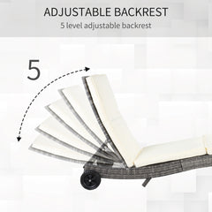 Outsunny Wicker Chaise Lounge Pool Chair, Outdoor PE Rattan Cushioned Patio Sun Lounger w/ 5-Level Adjustable Backrest & Wheels for Easy Movement, Cream White