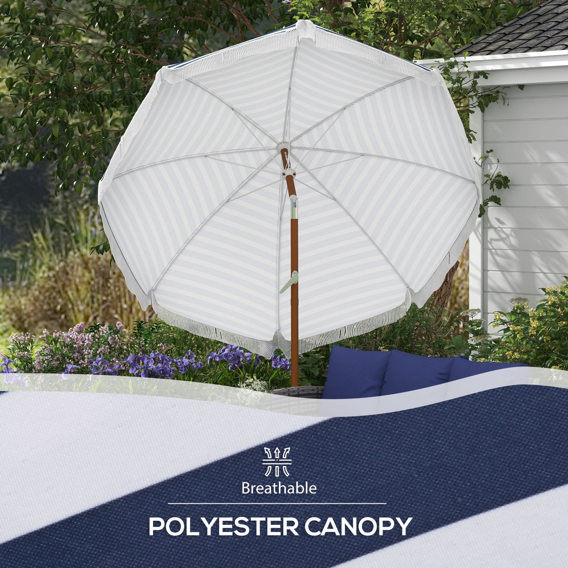 Outsunny 7 x 7 ft Outdoor Patio Umbrella with Tilt, Vent, Market Table Umbrella Parasol with Fringed Ruffles and Flounce, Blue Strip