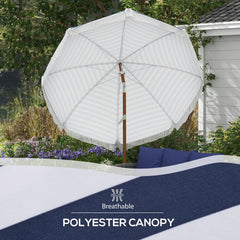 Outsunny 7 x 7 ft Outdoor Patio Umbrella with Tilt, Vent, Market Table Umbrella Parasol with Fringed Ruffles and Flounce, Blue Strip
