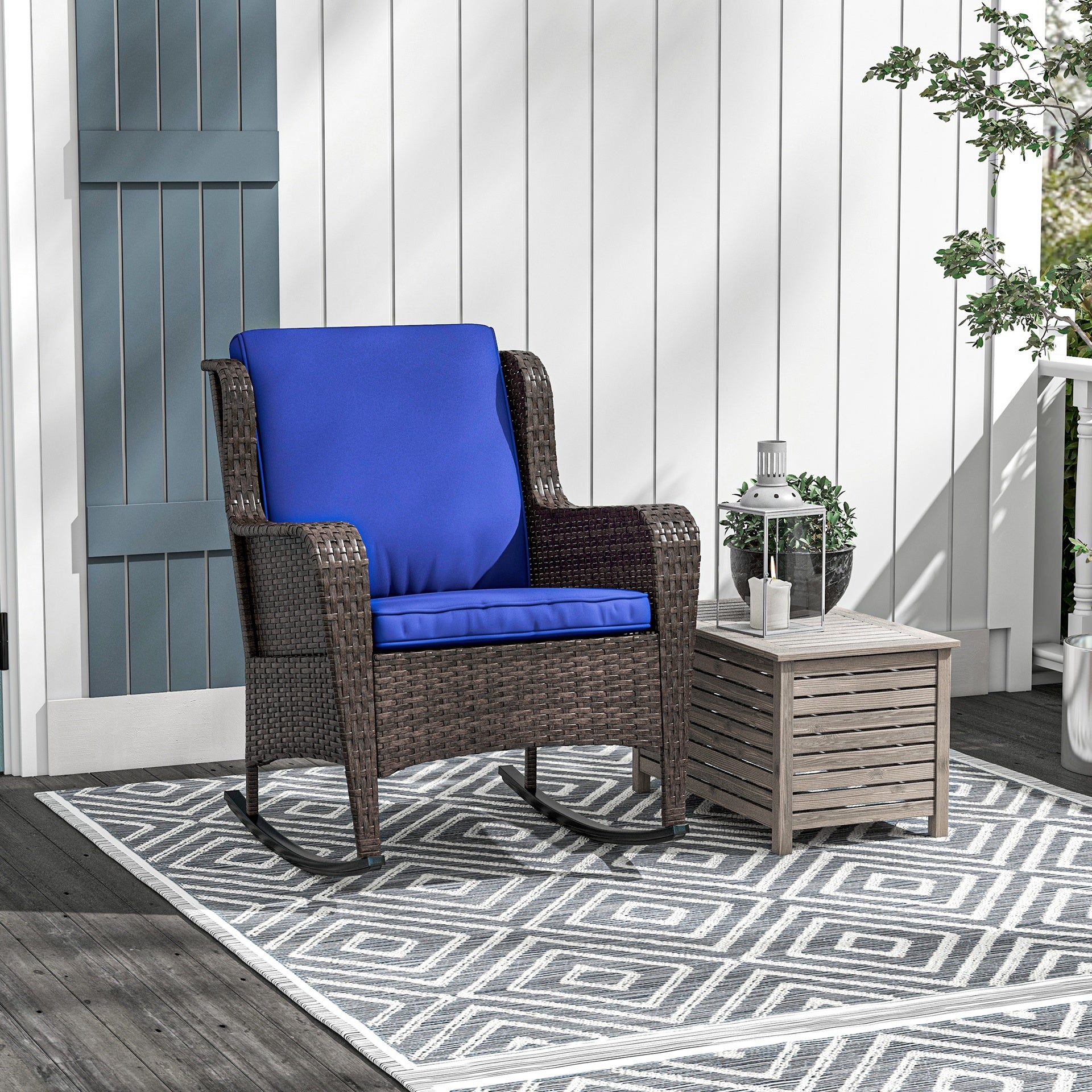 Outsunny Outdoor Wicker Rocking Chair with Wide Seat, Thick Cushions, Rattan Rocker with Steel Frame, High Weight Capacity for Patio, Garden, Backyard, Dark Blue