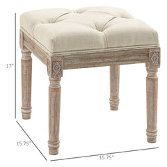 HOMCOM 16" Vintage Ottoman, Tufted Foot Stool with Upholstered Seat, Rustic Wood Legs for Bedroom, Living Room, Beige