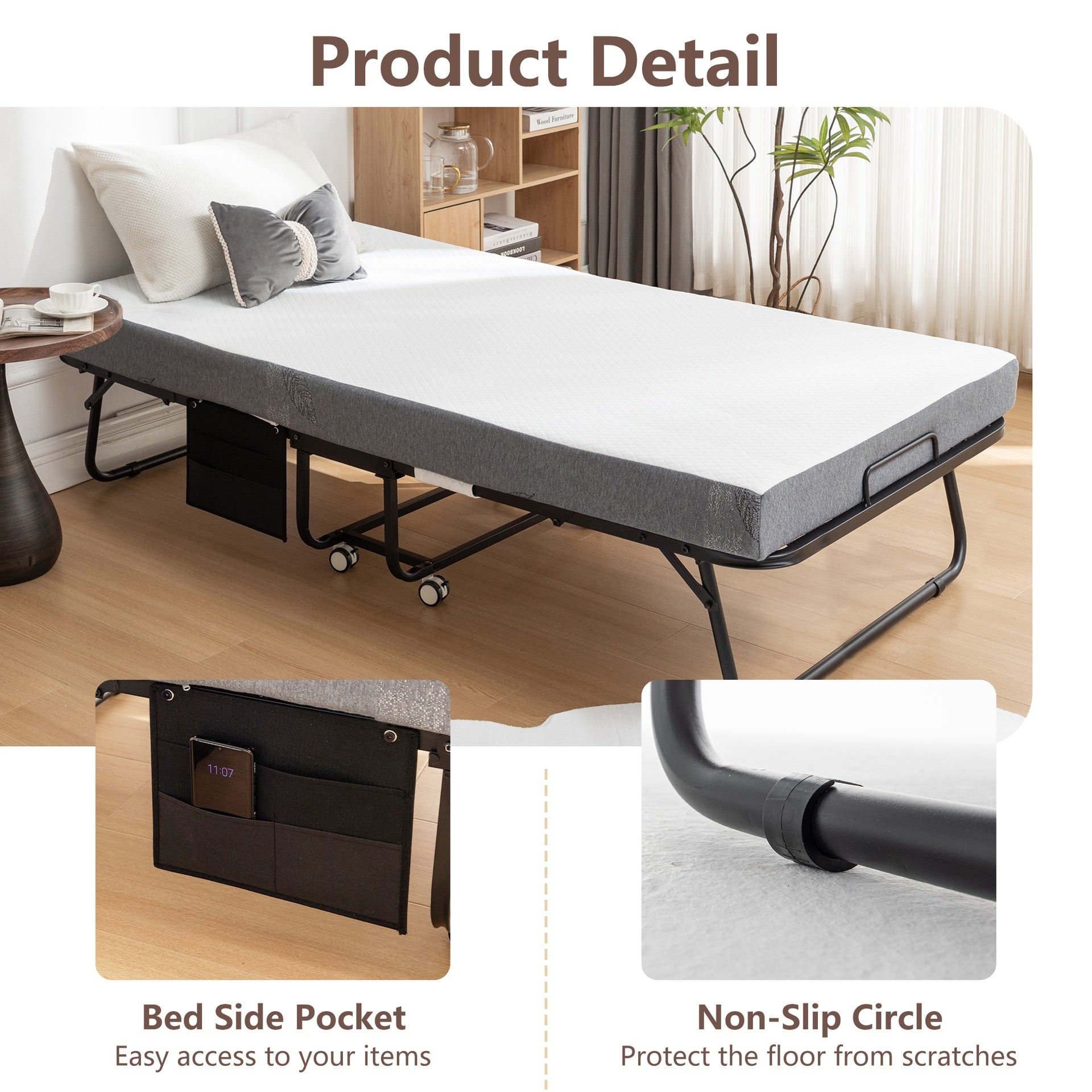 Folding Bed with Mattress, SPortable Foldable Bed with Storage Cover, SRollaway Bed for Adults with Memory Foam Mattress and Metal Frame, SCot Size Guest Bed on Wheels, 75 x 38 inch