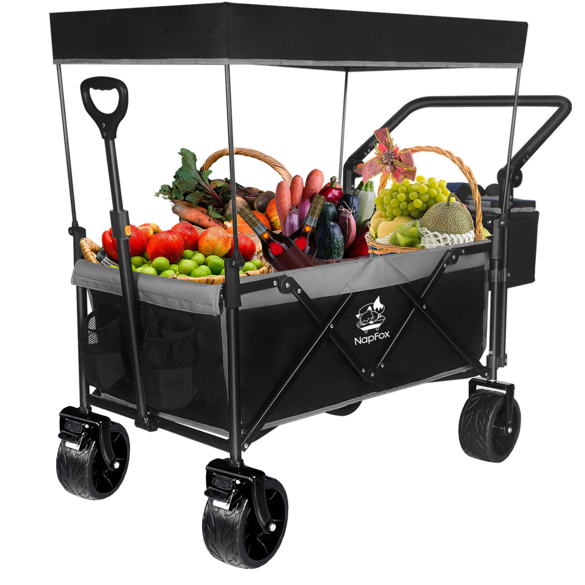 Collapsible Wagon 140L Wagons Carts Foldable with Removable Canopy, Folding Wagon Cart with Wheels for All-Terrain with Brake, Foldable Wagon with Cooler Bag, for Camping Beach Shopping