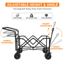 Collapsible Wagon 140L Wagons Carts Foldable with Removable Canopy, Folding Wagon Cart with Wheels for All-Terrain with Brake, Foldable Wagon with Cooler Bag, for Camping Beach Shopping