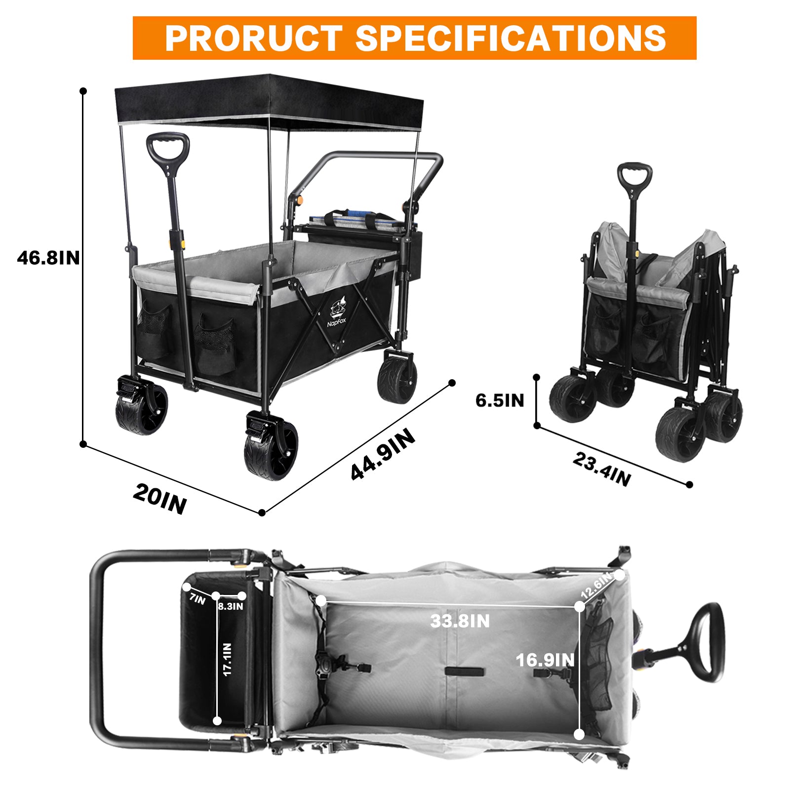 Collapsible Wagon 140L Wagons Carts Foldable with Removable Canopy, Folding Wagon Cart with Wheels for All-Terrain with Brake, Foldable Wagon with Cooler Bag, for Camping Beach Shopping