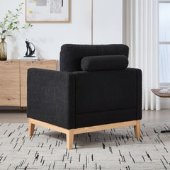 35.4 "Wide Modern Farmhouse Performance Accent Chair with Natural Wood Legs, Wood Base Reading Armchair Single Sofa with Two Bolster Pillows for Living Room offices and Lounge, Black Boucle.