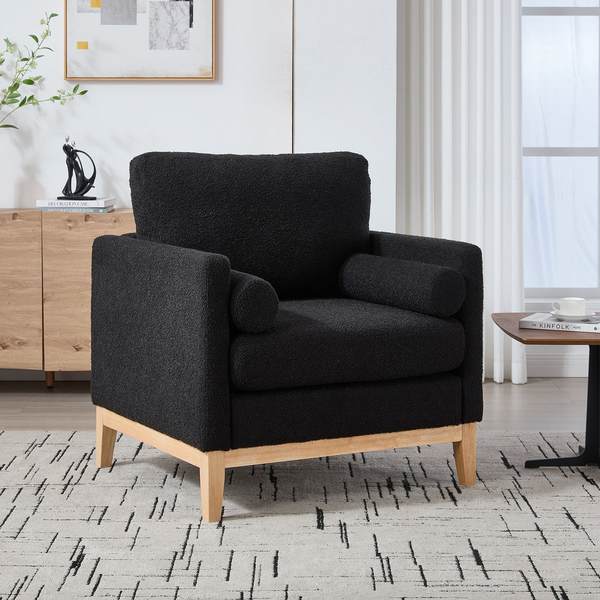 35.4 "Wide Modern Farmhouse Performance Accent Chair with Natural Wood Legs, Wood Base Reading Armchair Single Sofa with Two Bolster Pillows for Living Room offices and Lounge, Black Boucle.