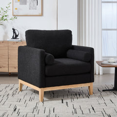 35.4 "Wide Modern Farmhouse Performance Accent Chair with Natural Wood Legs, Wood Base Reading Armchair Single Sofa with Two Bolster Pillows for Living Room offices and Lounge, Black Boucle.