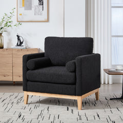 35.4 "Wide Modern Farmhouse Performance Accent Chair with Natural Wood Legs, Wood Base Reading Armchair Single Sofa with Two Bolster Pillows for Living Room offices and Lounge, Black Boucle.