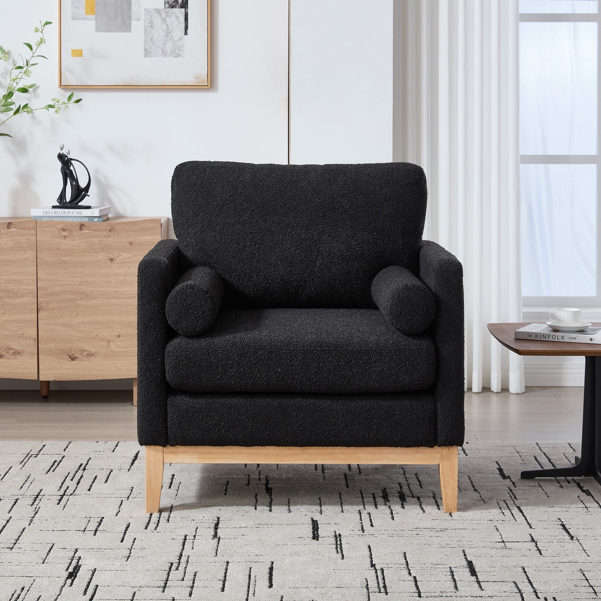 35.4 "Wide Modern Farmhouse Performance Accent Chair with Natural Wood Legs, Wood Base Reading Armchair Single Sofa with Two Bolster Pillows for Living Room offices and Lounge, Black Boucle.