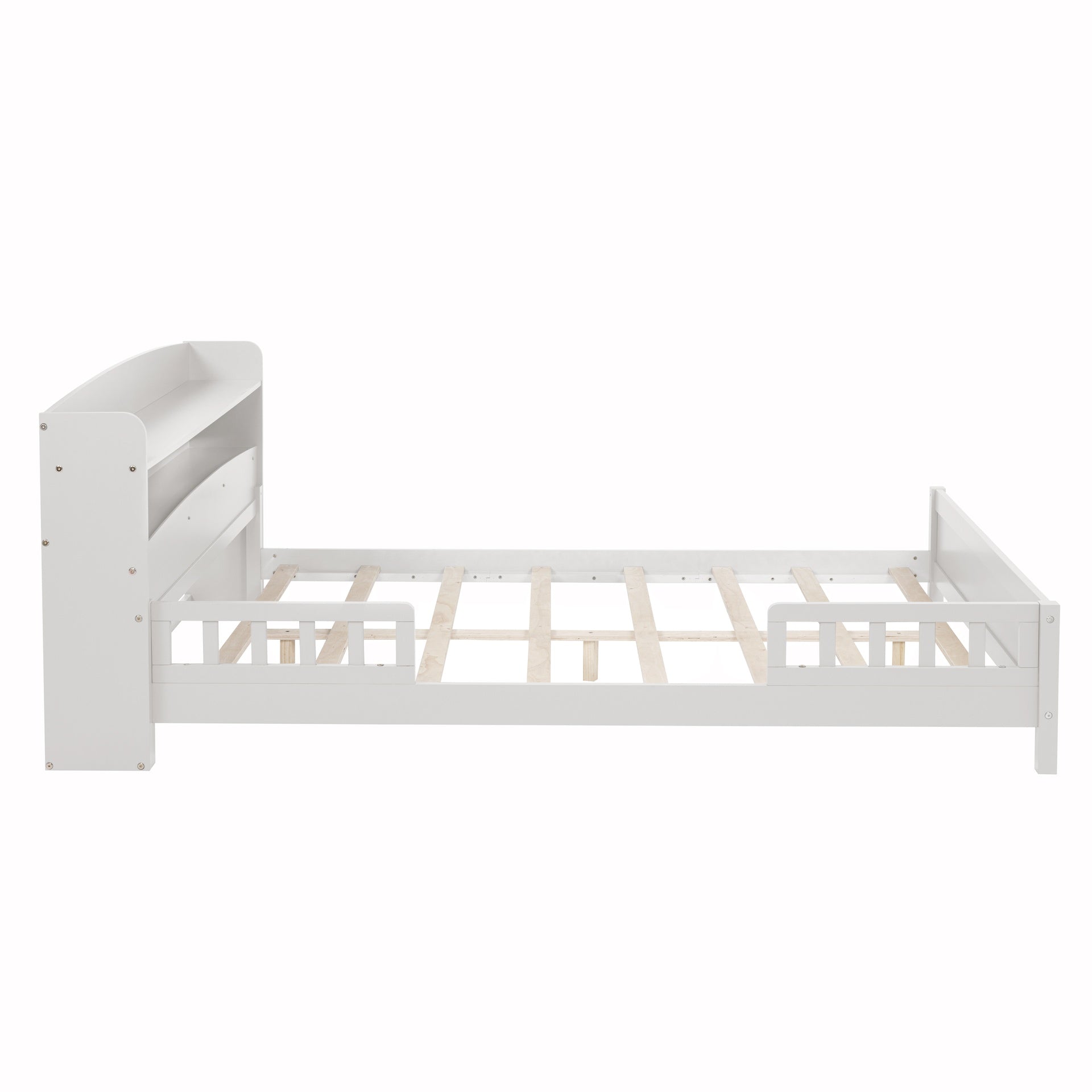 Full Pine Wood Bed with Bookcase Headboard ,LED Motion Sensor Light, Bed Guardrails,White