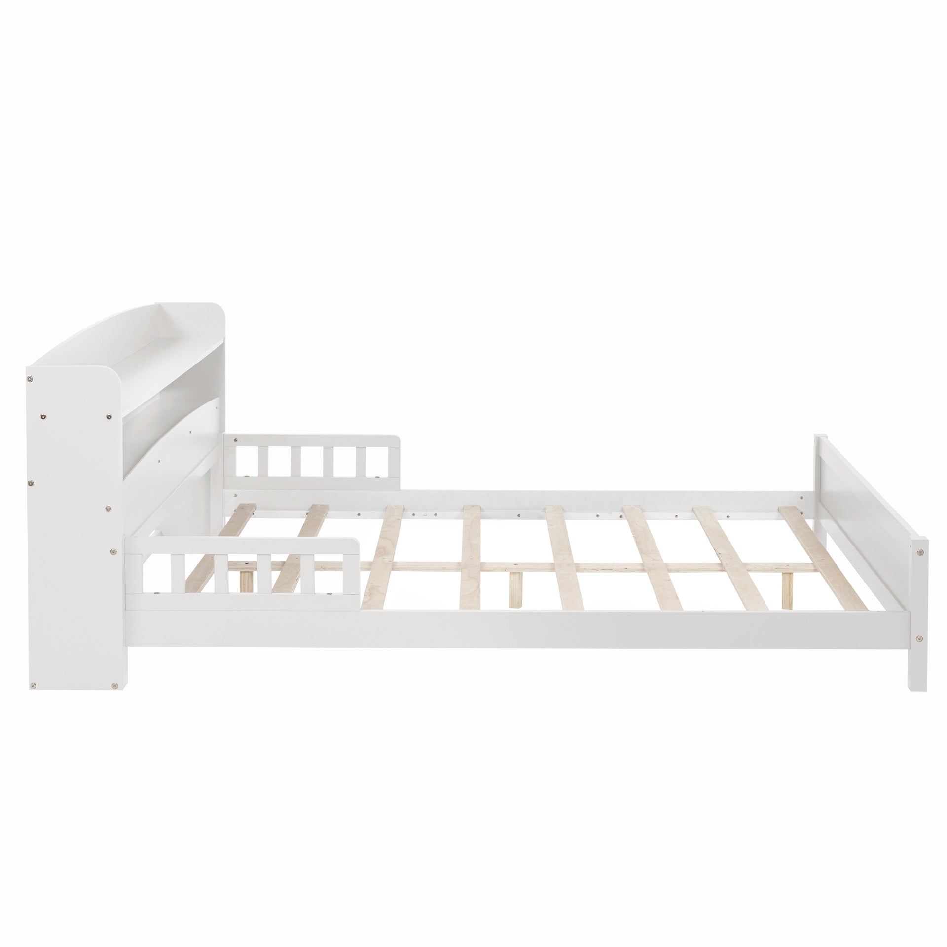 Full Pine Wood Bed with Bookcase Headboard ,LED Motion Sensor Light, Bed Guardrails,White