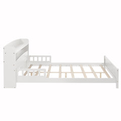 Full Pine Wood Bed with Bookcase Headboard ,LED Motion Sensor Light, Bed Guardrails,White