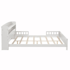 Full Pine Wood Bed with Bookcase Headboard ,LED Motion Sensor Light, Bed Guardrails,White