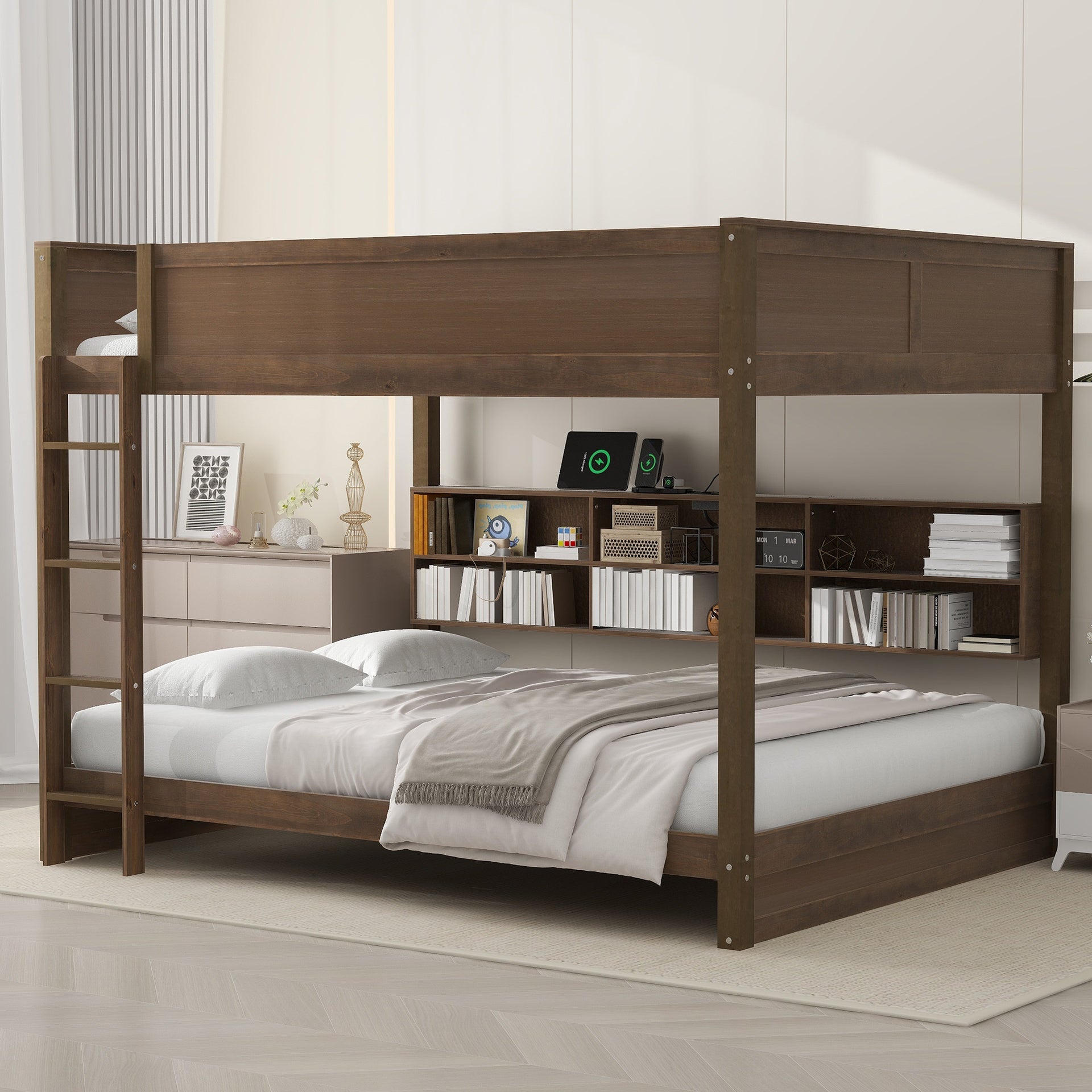 Queen over Queen Bunk Bed with Storage Cabinets and USB Ports, Antique Wood Color