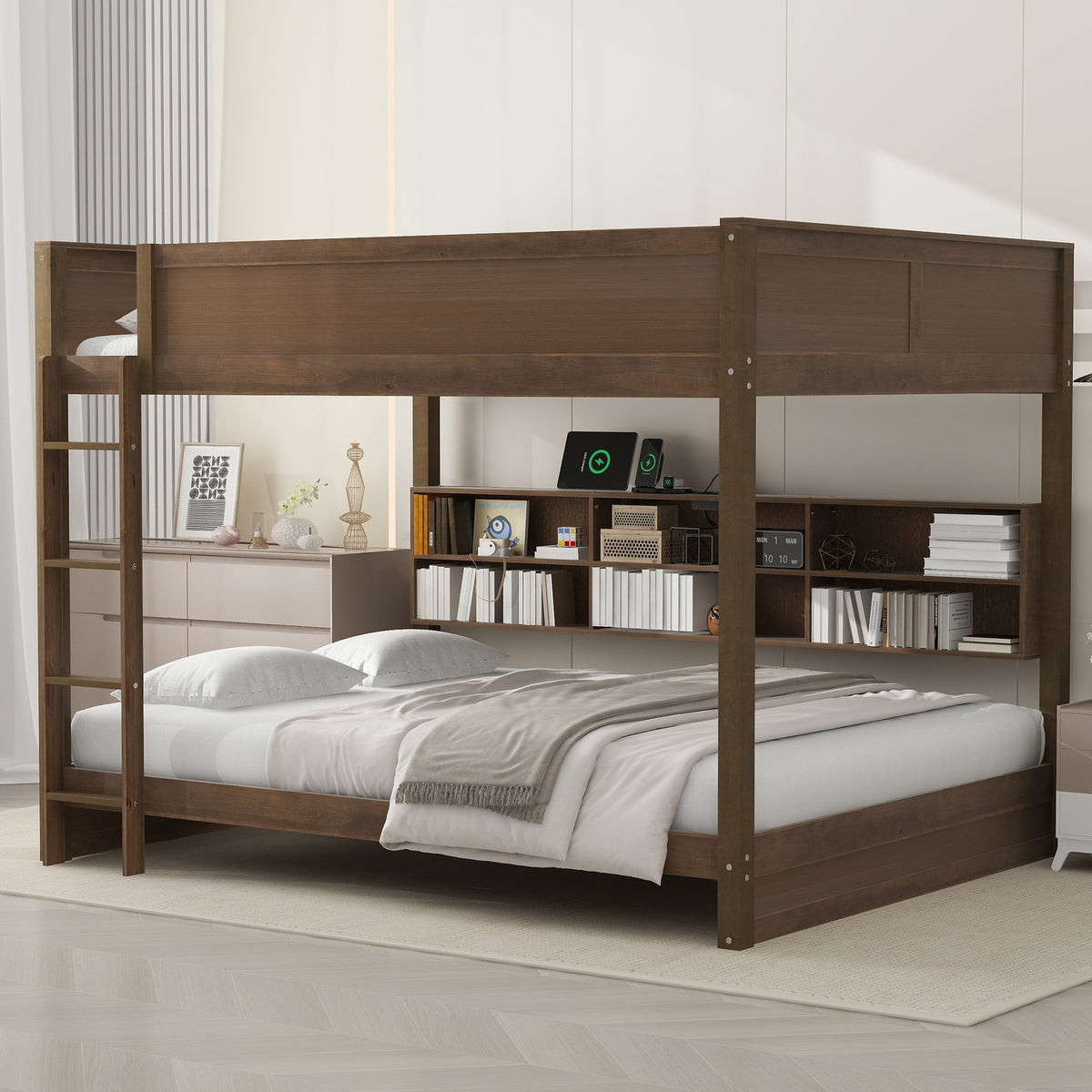 Queen over Queen Bunk Bed with Storage Cabinets and USB Ports, Antique Wood Color