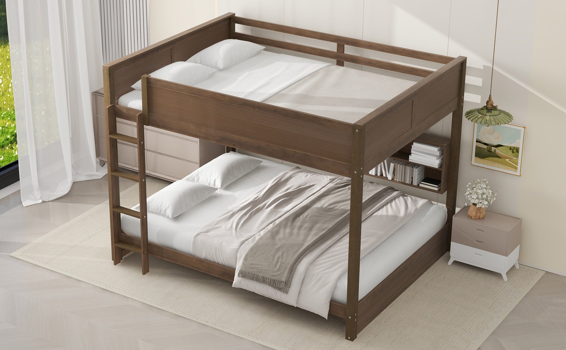Queen over Queen Bunk Bed with Storage Cabinets and USB Ports, Antique Wood Color