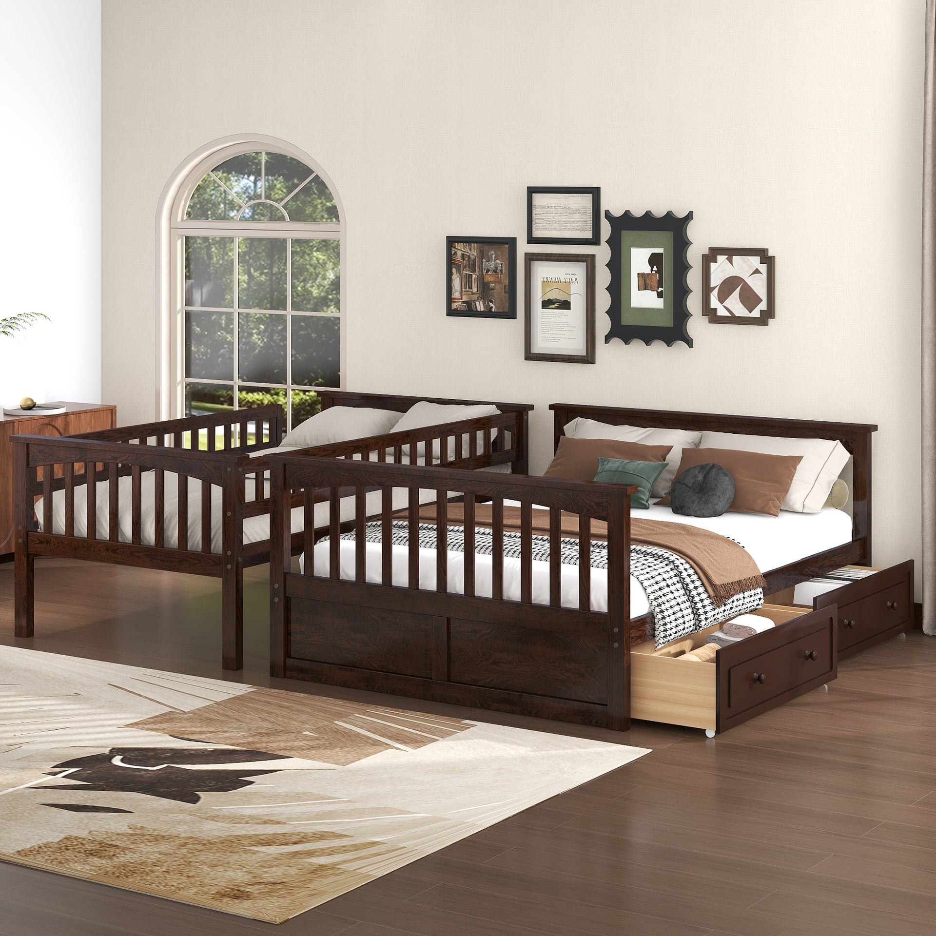 Twin over Full Bunk Bed with Drawers, Convertible Beds, Espresso