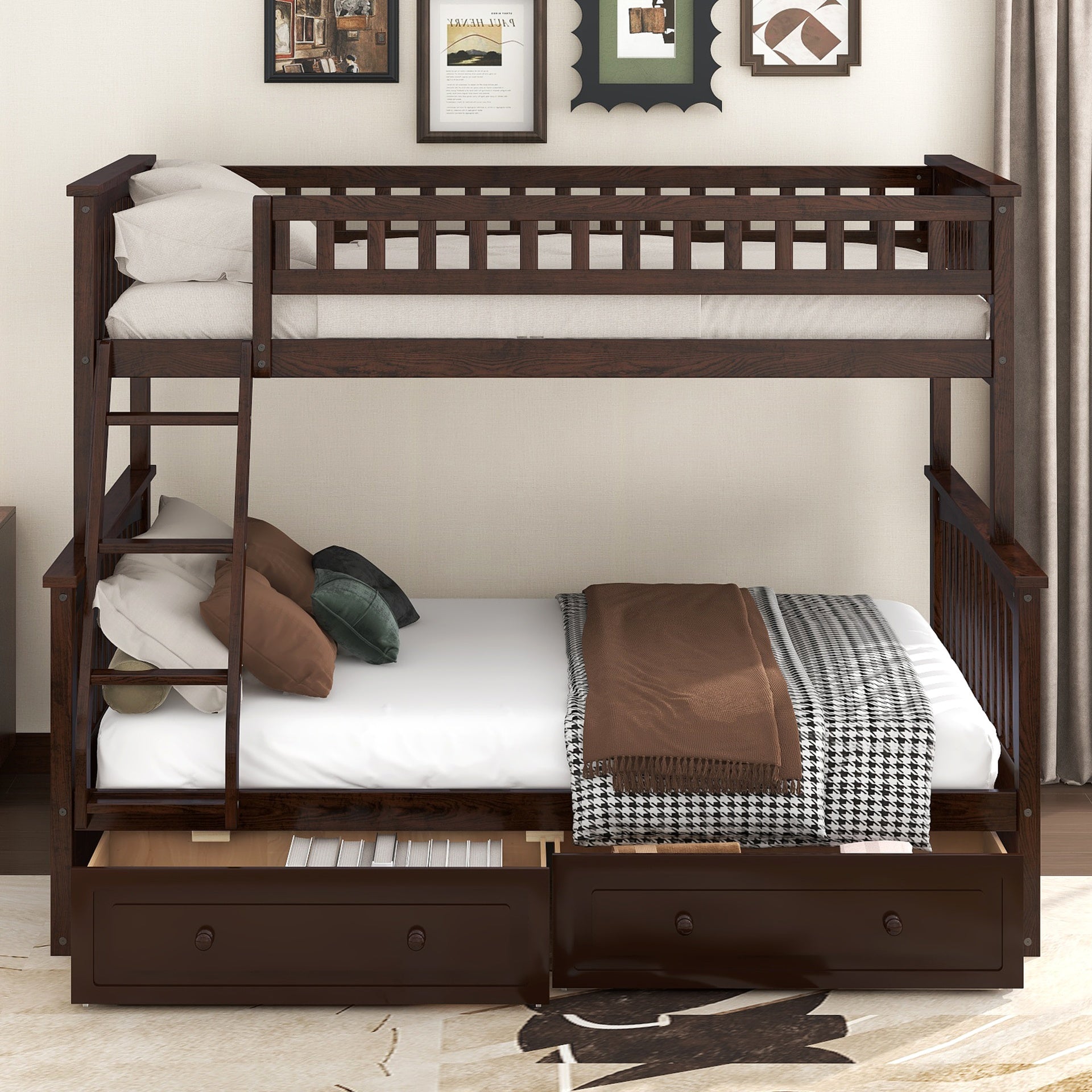 Twin over Full Bunk Bed with Drawers, Convertible Beds, Espresso
