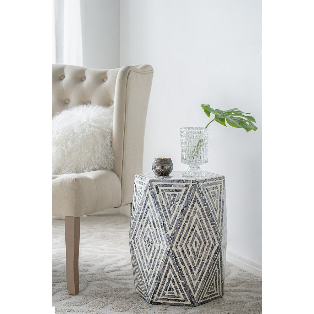 16x14x18" Hexagon Garden Stools, Unique Capiz Accent Side Table, Black/White