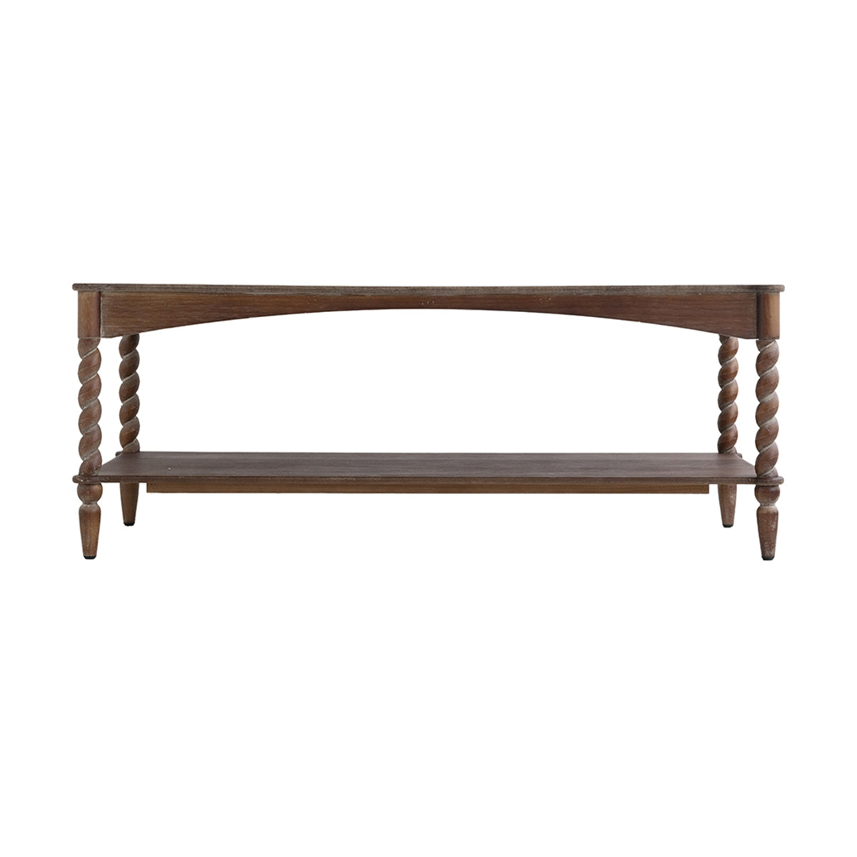 47x22x18.5" Rustic Brown Wood Coffee Table with Turned Spiral Legs and Lower Shelf