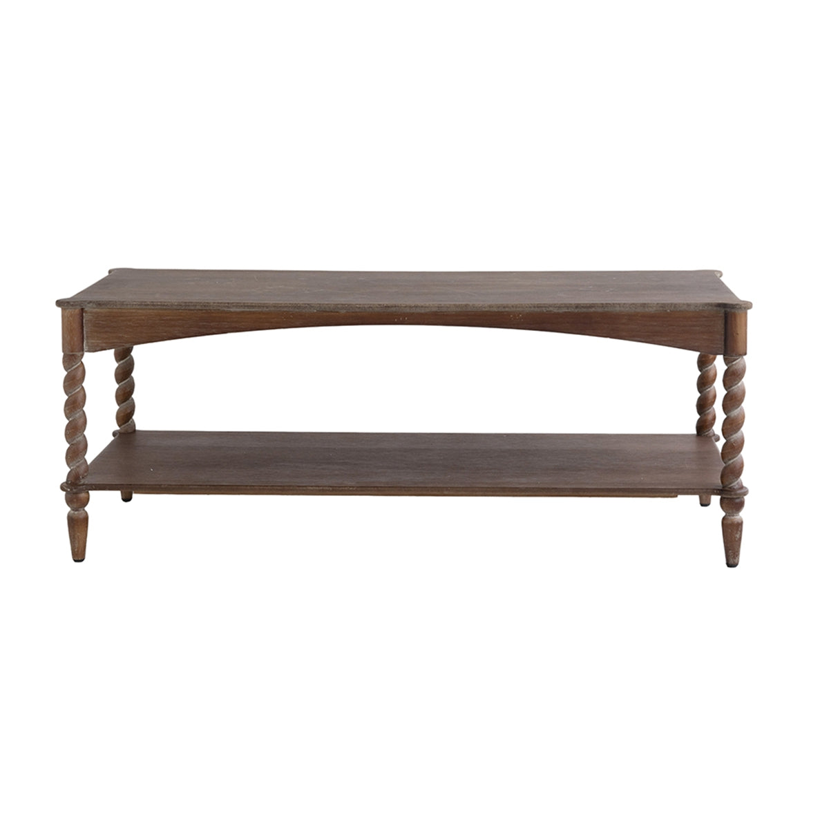 47x22x18.5" Rustic Brown Wood Coffee Table with Turned Spiral Legs and Lower Shelf