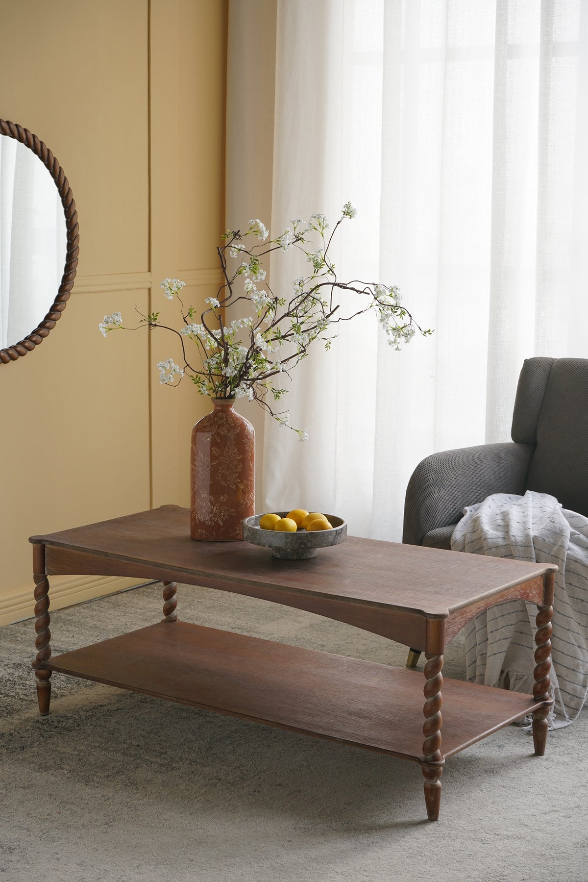 47x22x18.5" Rustic Brown Wood Coffee Table with Turned Spiral Legs and Lower Shelf