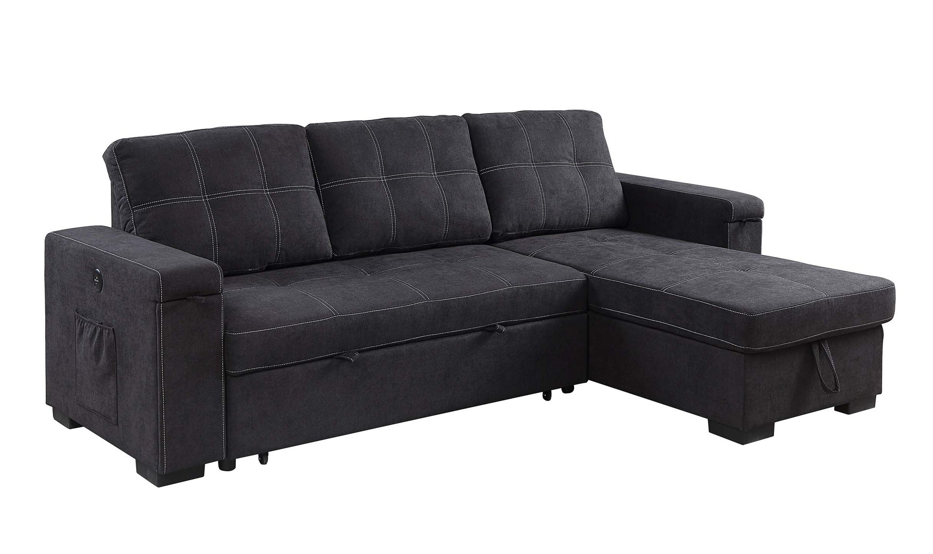 Toby 95" Black Woven Fabric Reversible Sleeper Sectional Sofa with Storage Chaise Cup Holder Charging Ports and Pockets