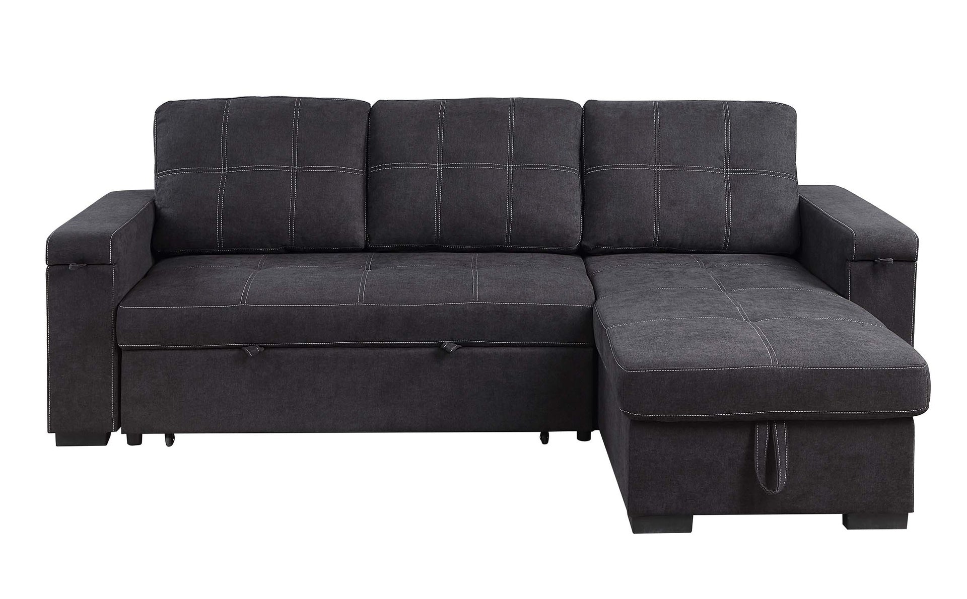 Toby 95" Black Woven Fabric Reversible Sleeper Sectional Sofa with Storage Chaise Cup Holder Charging Ports and Pockets