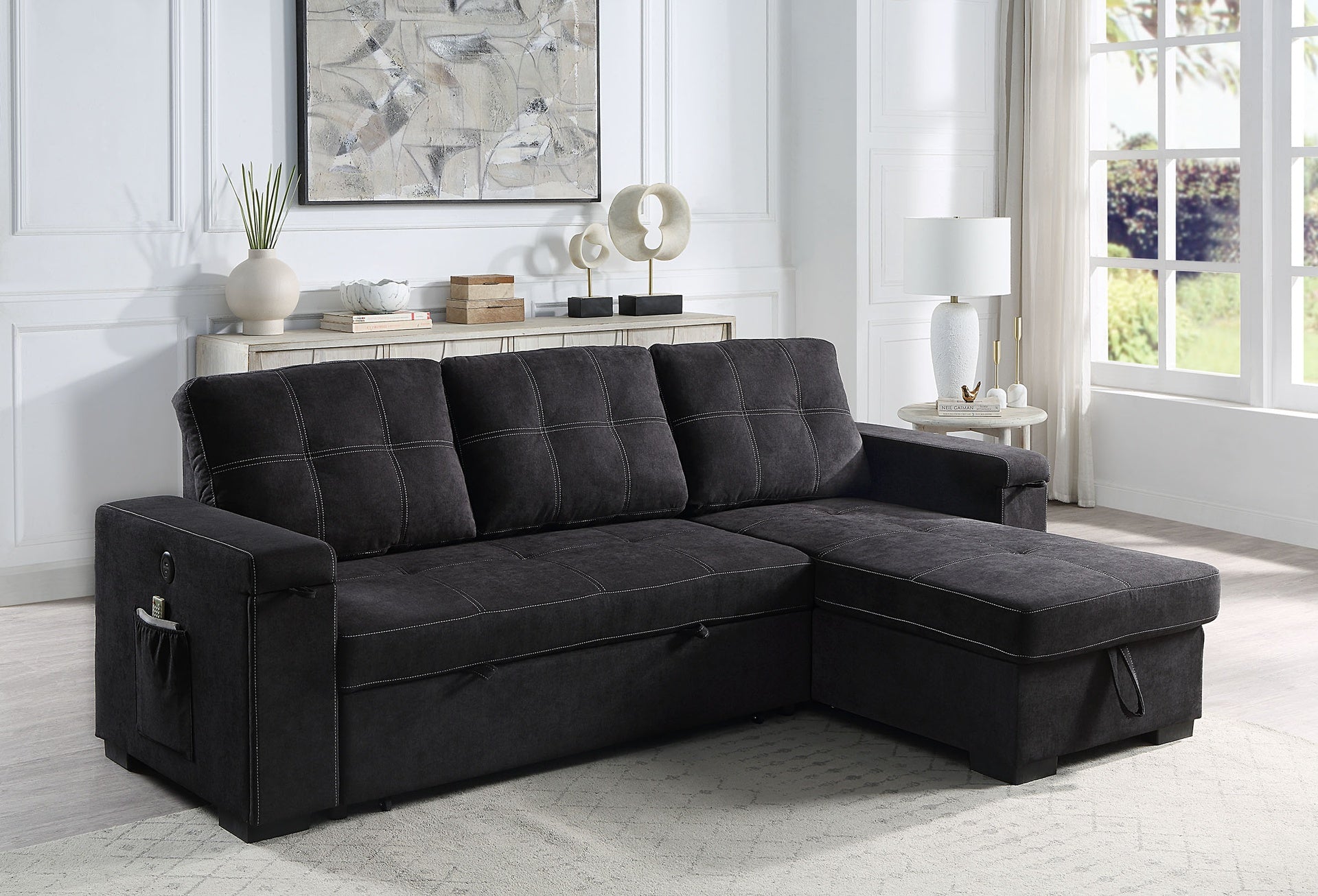 Toby 95" Black Woven Fabric Reversible Sleeper Sectional Sofa with Storage Chaise Cup Holder Charging Ports and Pockets