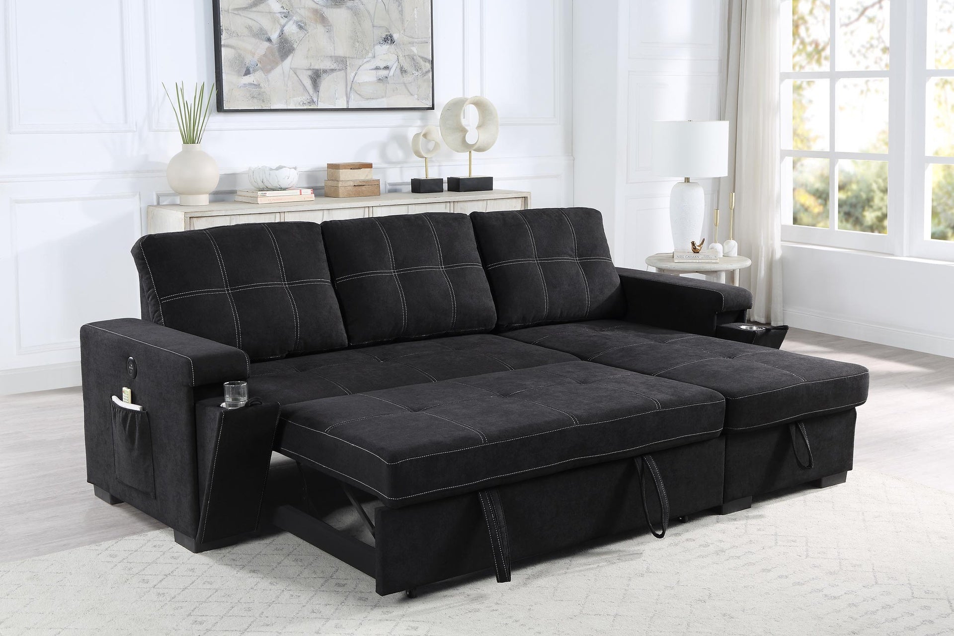 Toby 95" Black Woven Fabric Reversible Sleeper Sectional Sofa with Storage Chaise Cup Holder Charging Ports and Pockets