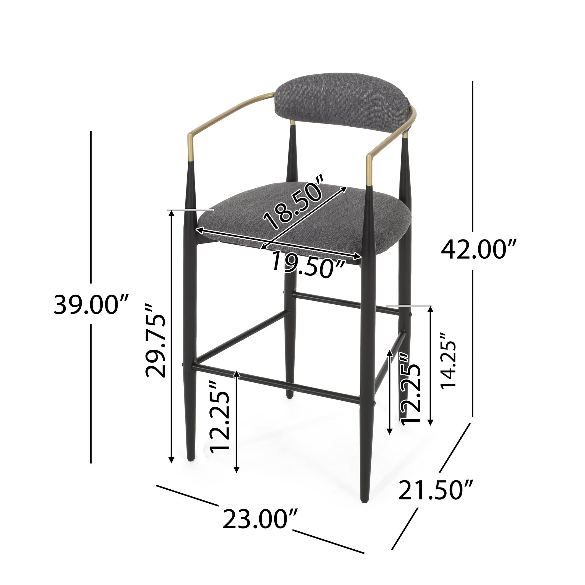 Barstools Set of 2, Upholstered Bar Stools with Backs and Iron Legs for Kitchen Island, Gray Fabric Seating 260LBS Weight Capacity