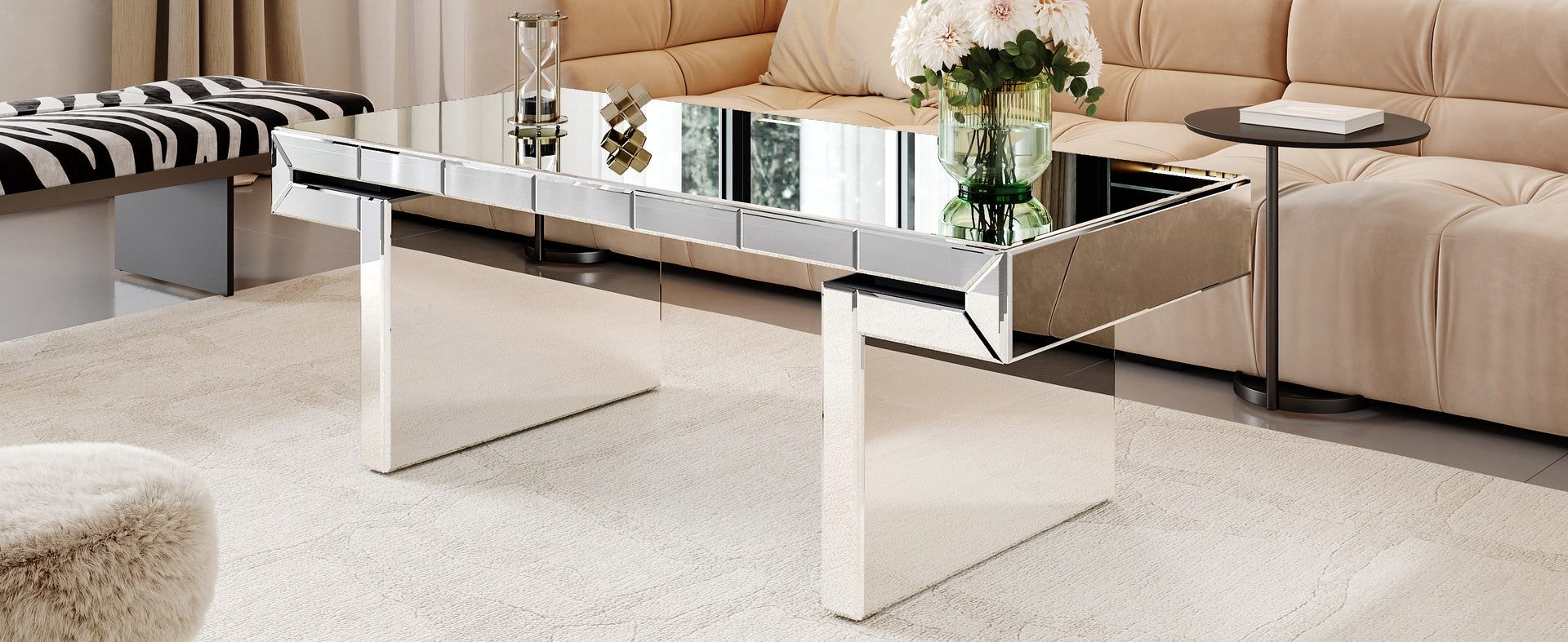 47 Inches Luxury Rectangular Mirror Coffee Table with Fluted Tempered Glass, Modern Sofa Side Table, Easy 2-Step Assembly, Light Luxury Style, Reinforced Packaging
