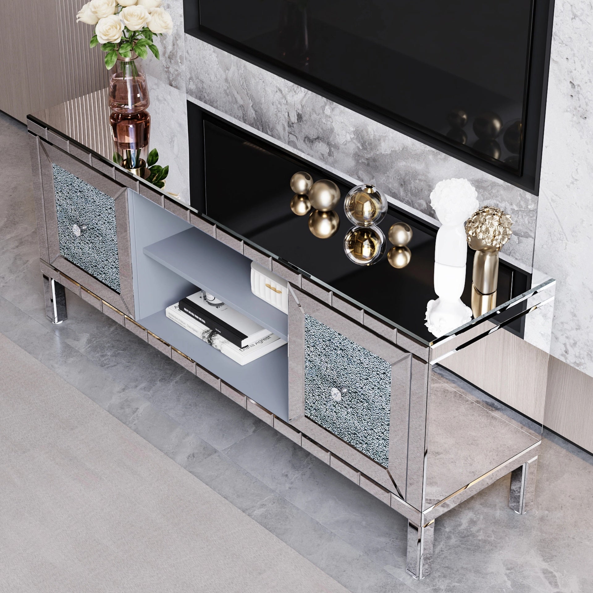60" Mirrored TV Stand with Crushed Diamond Glass Doors - Modern Media Entertainment Center for Living Room, Adjustable Storage TV Console Table for 65-Inch TV