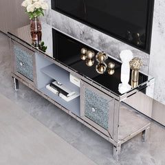 60" Mirrored TV Stand with Crushed Diamond Glass Doors - Modern Media Entertainment Center for Living Room, Adjustable Storage TV Console Table for 65-Inch TV