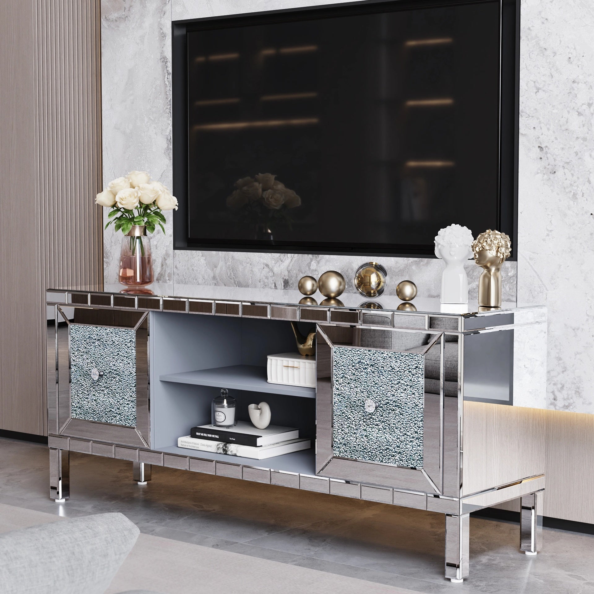 60" Mirrored TV Stand with Crushed Diamond Glass Doors - Modern Media Entertainment Center for Living Room, Adjustable Storage TV Console Table for 65-Inch TV