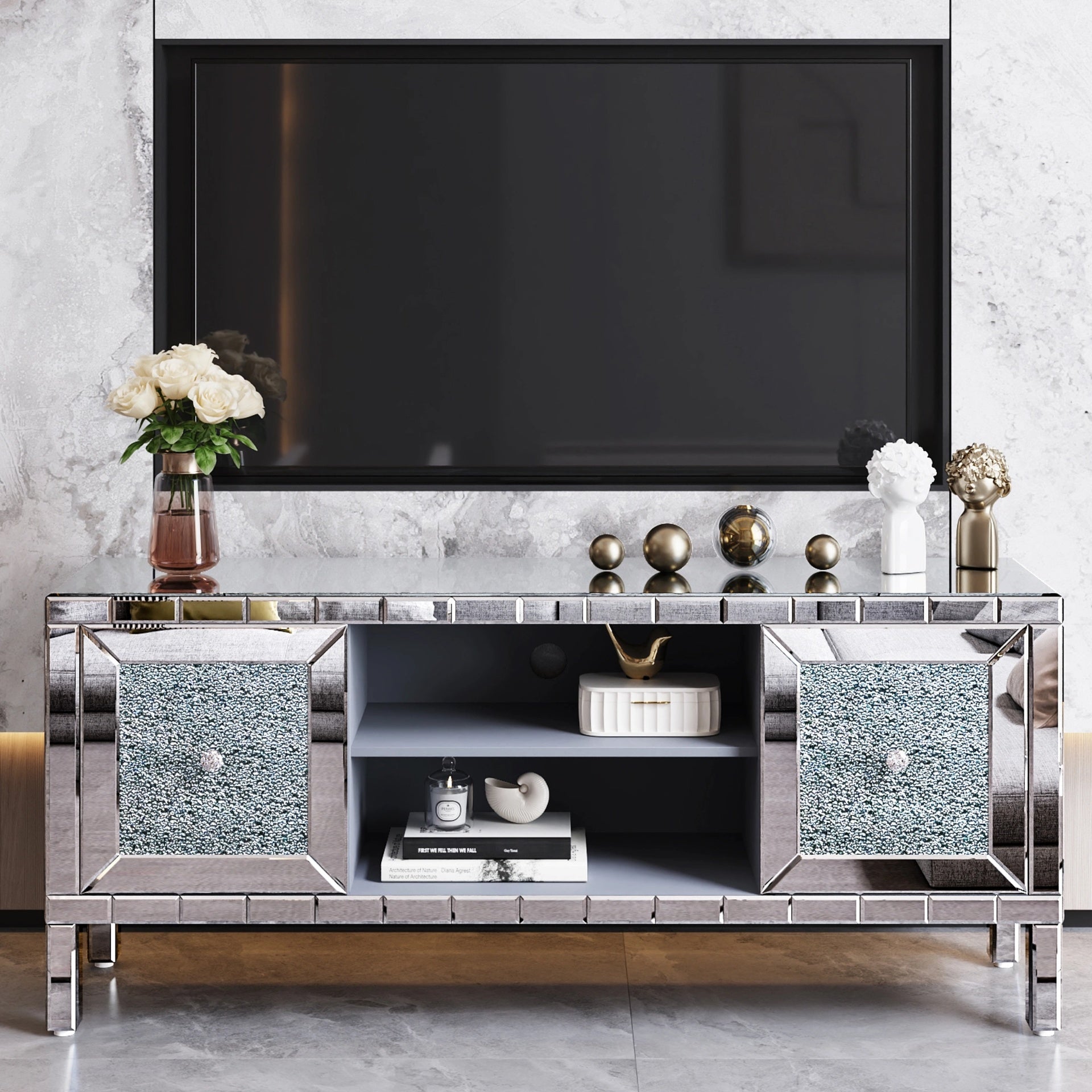 60" Mirrored TV Stand with Crushed Diamond Glass Doors - Modern Media Entertainment Center for Living Room, Adjustable Storage TV Console Table for 65-Inch TV