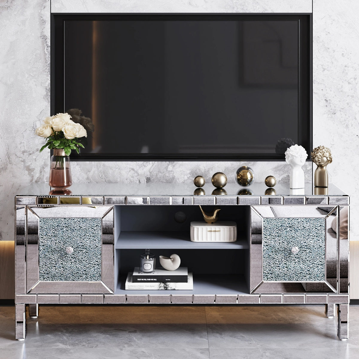 60" Mirrored TV Stand with Crushed Diamond Glass Doors - Modern Media Entertainment Center for Living Room, Adjustable Storage TV Console Table for 65-Inch TV