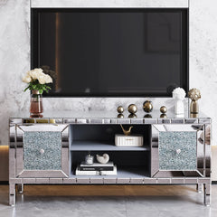 60" Mirrored TV Stand with Crushed Diamond Glass Doors - Modern Media Entertainment Center for Living Room, Adjustable Storage TV Console Table for 65-Inch TV
