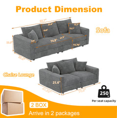 82.7 " Plush Corduroy 3-Seat Sofa,Modern Comfy Upholstered Sofa Cloud Couch,Deep Seat Couches with Soft Pillows,Convertible Deep Seat Sofa Lounge Chair for Living Room Bedroom,Apartment,Office,Grey
