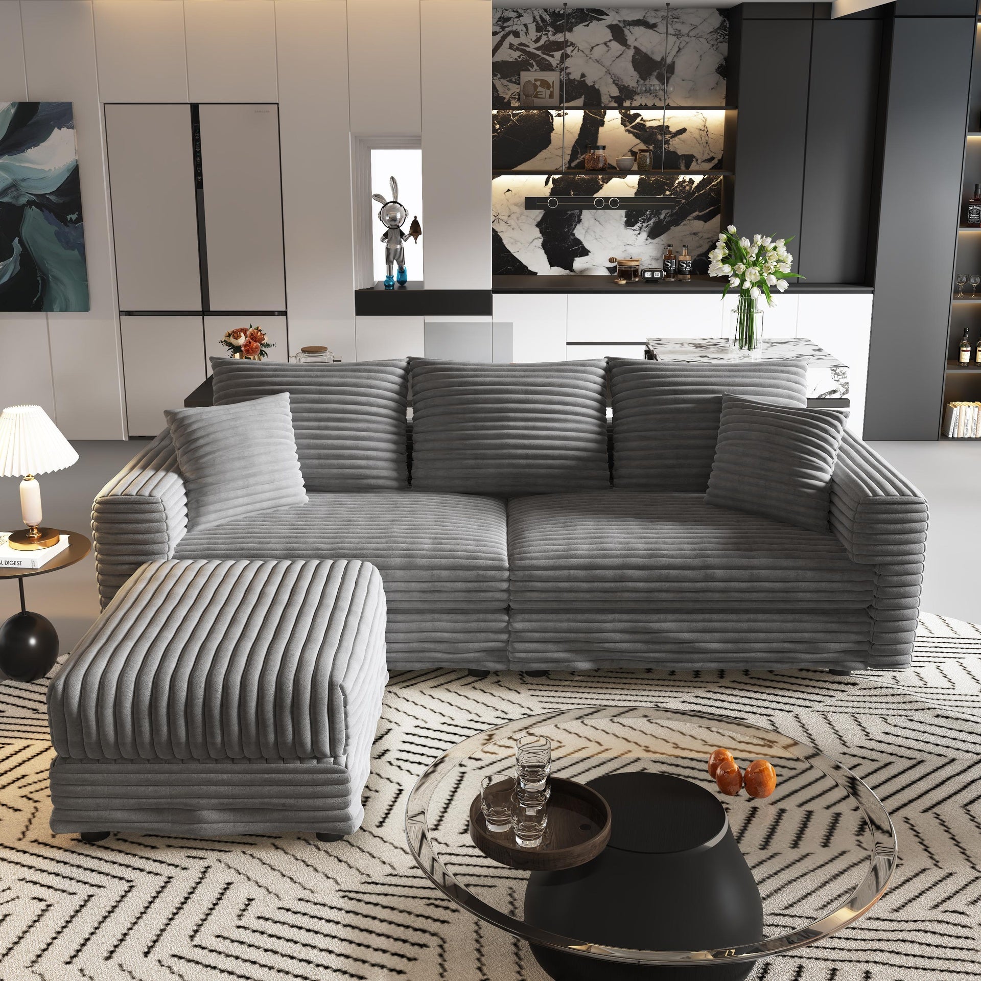 82.7 "Plush Corduroy 3-Seat Sofa,Modern Comfy Upholstered Sofa Cloud Couch,Deep Seat Couches with Soft Pillows and 1 Ottomans,Convertible Sofa Lounge Chair,Grey