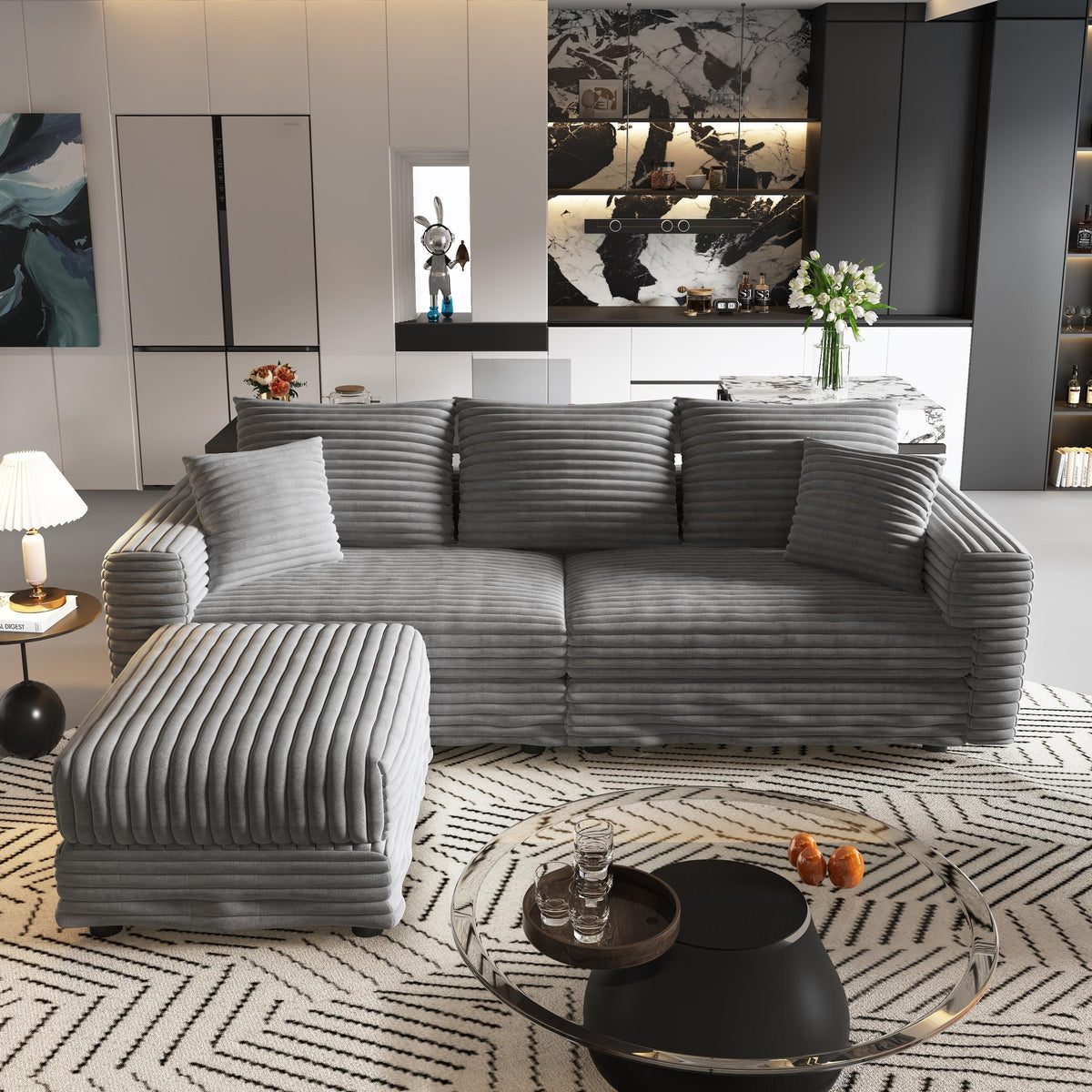 82.7 "Plush Corduroy 3-Seat Sofa,Modern Comfy Upholstered Sofa Cloud Couch,Deep Seat Couches with Soft Pillows and 1 Ottomans,Convertible Sofa Lounge Chair,Grey