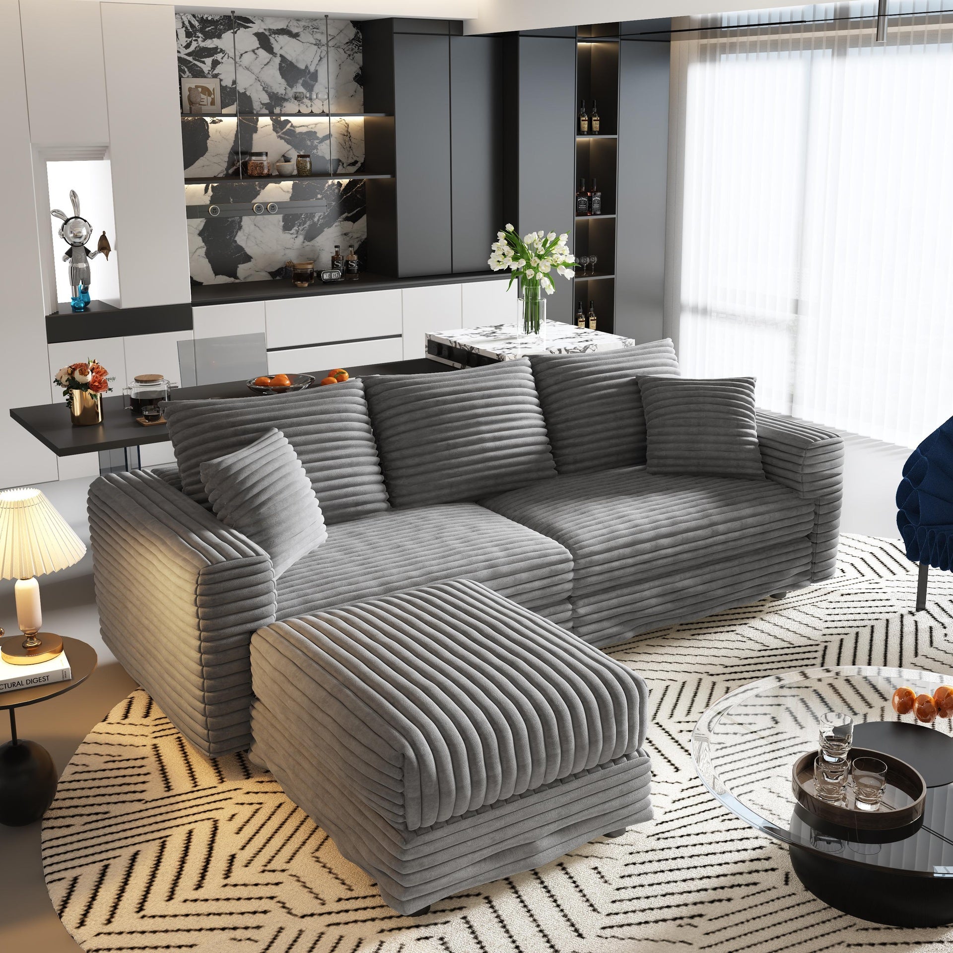 82.7 "Plush Corduroy 3-Seat Sofa,Modern Comfy Upholstered Sofa Cloud Couch,Deep Seat Couches with Soft Pillows and 1 Ottomans,Convertible Sofa Lounge Chair,Grey