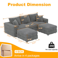 82.7 "Plush Corduroy 3-Seat Sofa,Modern Comfy Upholstered Sofa Cloud Couch,Deep Seat Couches with Soft Pillows and 2 Ottomans,Convertible Sofa Lounge Chair,Grey