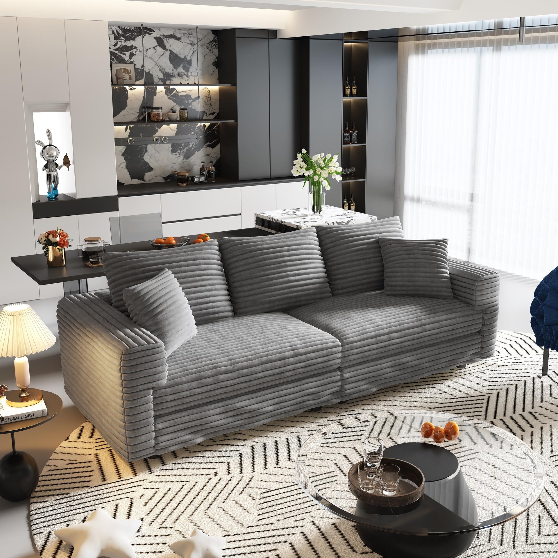 82.7 "Plush Corduroy 3-Seat Sofa,Modern Comfy Upholstered Sofa Cloud Couch,Deep Seat Couches with Soft Pillows and 2 Ottomans,Convertible Sofa Lounge Chair,Grey