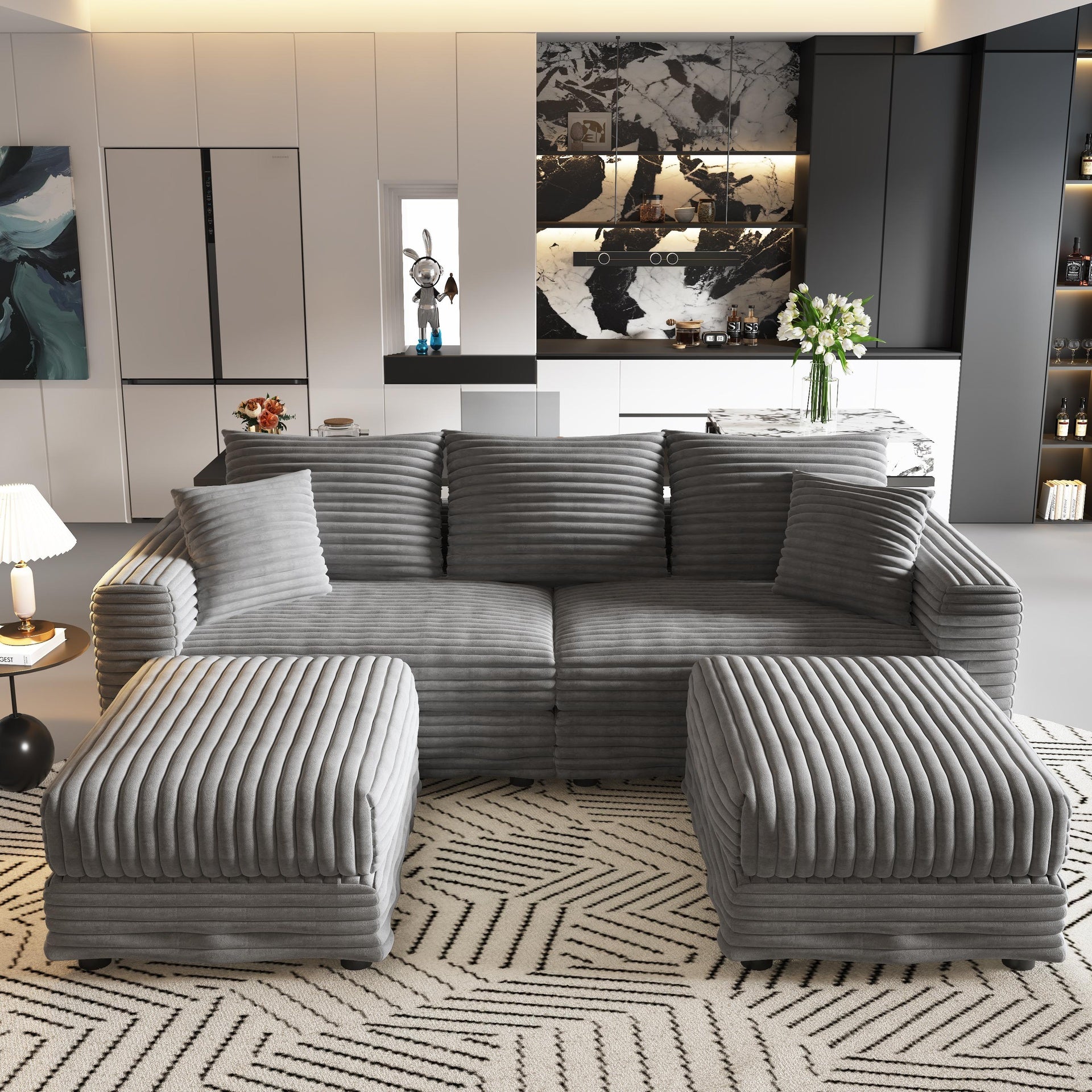 82.7 "Plush Corduroy 3-Seat Sofa,Modern Comfy Upholstered Sofa Cloud Couch,Deep Seat Couches with Soft Pillows and 2 Ottomans,Convertible Sofa Lounge Chair,Grey
