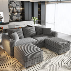82.7 "Plush Corduroy 3-Seat Sofa,Modern Comfy Upholstered Sofa Cloud Couch,Deep Seat Couches with Soft Pillows and 2 Ottomans,Convertible Sofa Lounge Chair,Grey